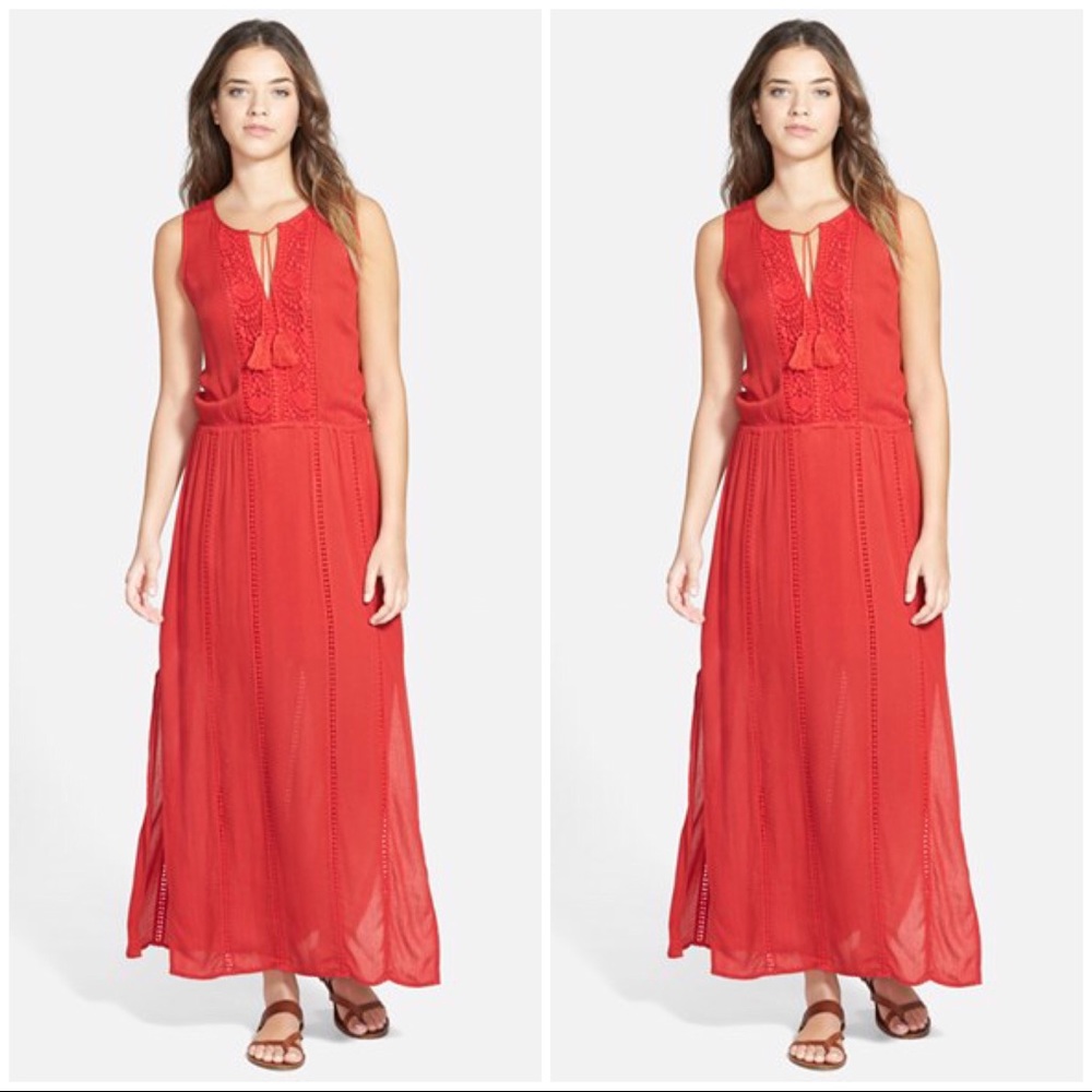 Hinge Lace Trim Maxi Dress Boho Red Embroidered